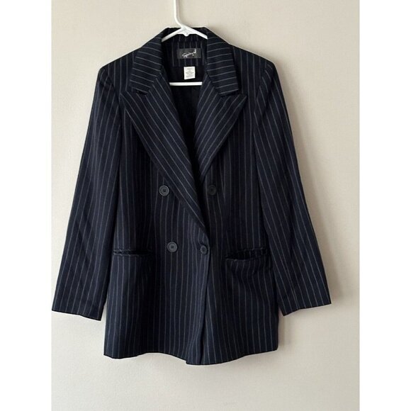 Spiegel Jackets & Blazers - Spiegel Size 8 Blue White Striped Long Sleeve Blazer Jacket Double Breasted
